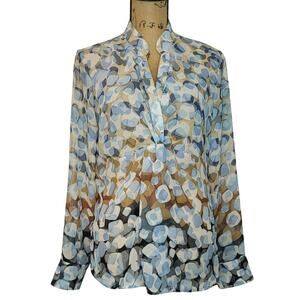 New York & Co Sheer Sexy Blue White Dot Deep V-Neck Long Sleeve Blouse Size 12